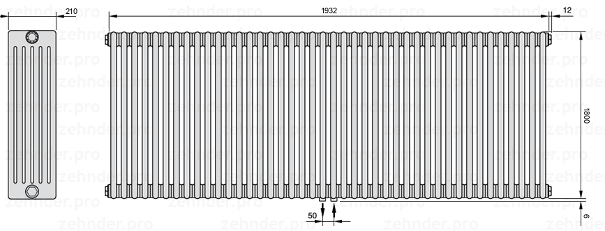 Схема (чертеж) Радиатор Zehnder Charleston 6180/42 №5410 Белый глянцевый RAL 9016
